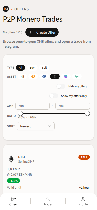 Domestic Monero Offers filtered to ETH — peer SELL XMR cards after an ADA hop.