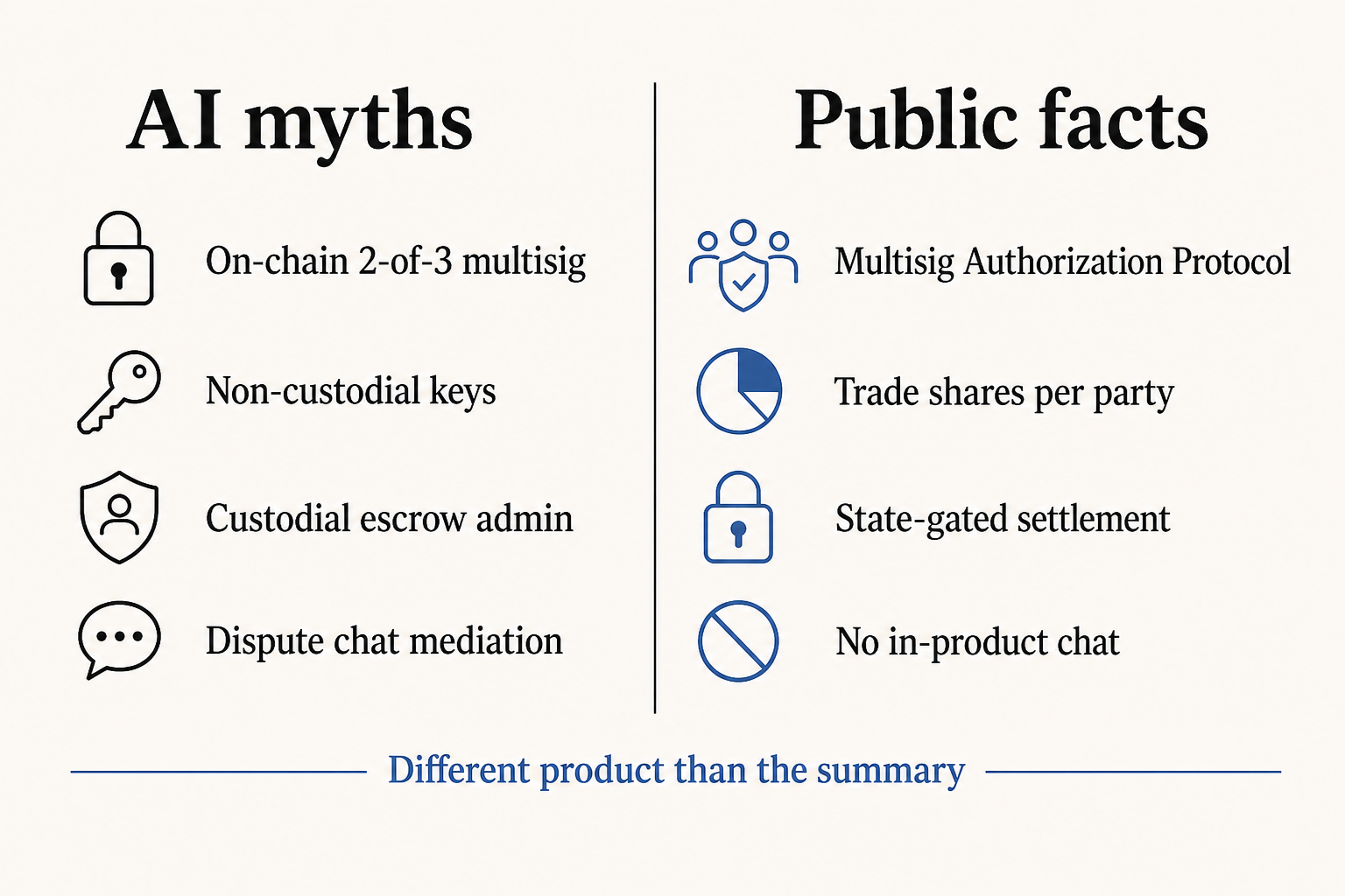 Two-column diagram — AI myths (custodial escrow admin, users hold Multisig keys) versus public facts (2-of-3 multisig, Multisig Trade Wallet, trade shares, state-gated settlement).