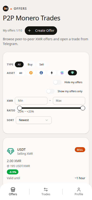 Domestic Monero Offers filtered to USDT — peer cards available while a Haveno network is paused.