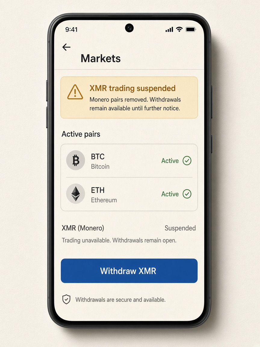 Fictional phone mockup showing a generic exchange notice that XMR trading is suspended, with withdraw still available — no real brand logos.