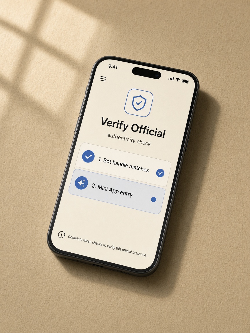 Fictional phone showing a verify-official checklist with bot handle match and Mini App entry highlighted, no Telegram logo.