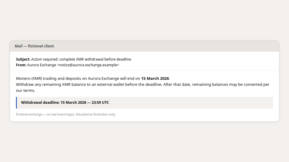 Fictional exchange email notice showing XMR withdrawal deadline before delisting.
