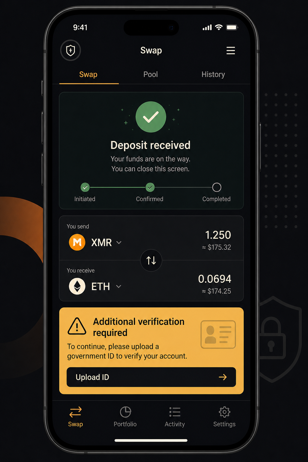Fictional phone swap screen: deposit confirmed, then a yellow banner demanding ID verification — no real brand logos.