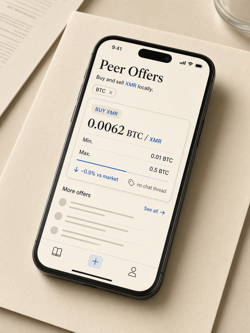 Fictional phone on a desk showing Offers filtered to a crypto pair with peer rate, limits, and deviation — no chat thread.