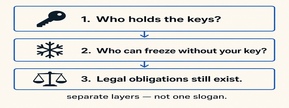 Three-layer diagram separating who holds the keys, who can freeze without your key, and legal obligations that still exist.