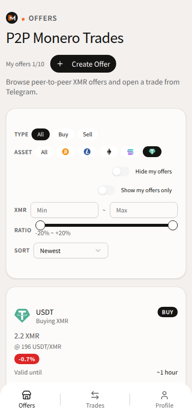 Domestic Monero Offers filtered to USDT — peer cards to compare before an Instant deposit.