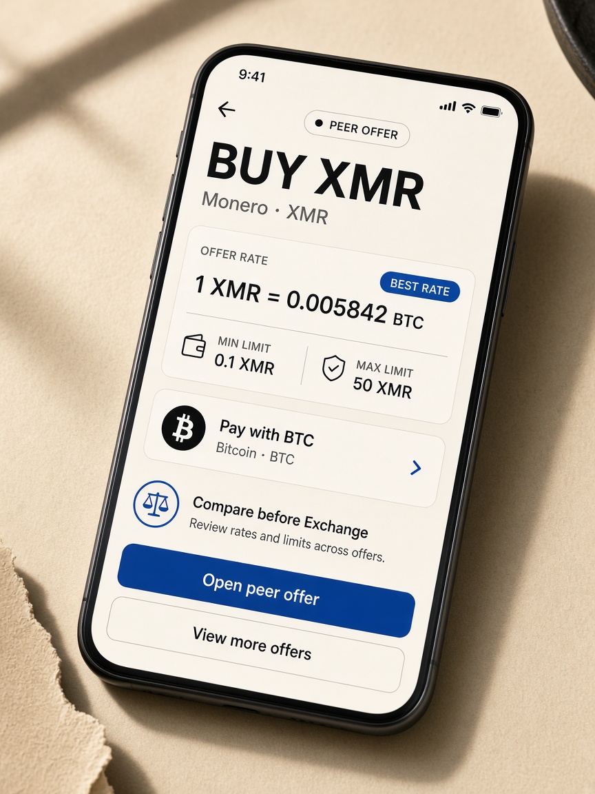 Fictional phone showing a peer BUY offer card with rate and limits, captioned as a conversion check before Instant confirm.