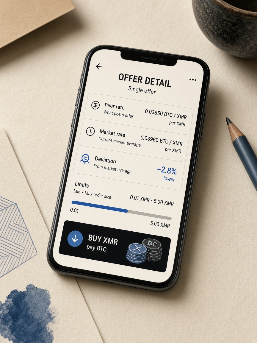 Fictional phone offer card showing peer rate, market rate, and deviation percentage beside limits — comparison view rather than a single Instant receive amount.