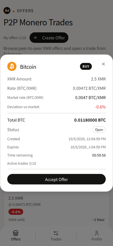 Domestic Monero Accept Offer detail for a BTC peer card.