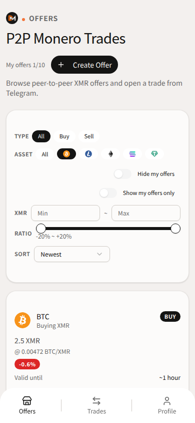 Domestic Monero Offers filtered to BTC — peer cards to compare before an Instant deposit.