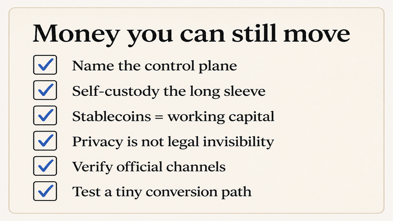 Flat checklist card titled Money you can still move with six self-custody habit lines.