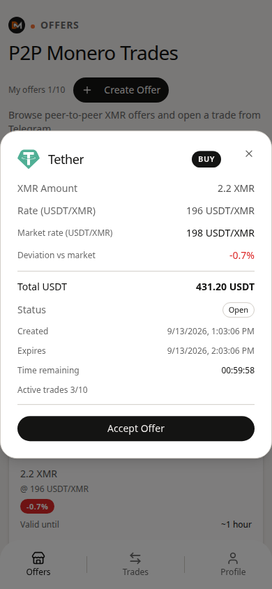 Domestic Monero Accept Offer detail on a USDT BUY card — seller stakes XMR.