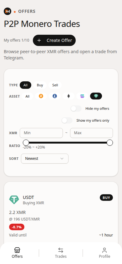 Domestic Monero Offers filtered to USDT BUY cards — peer rate and limits for sellers staking XMR.