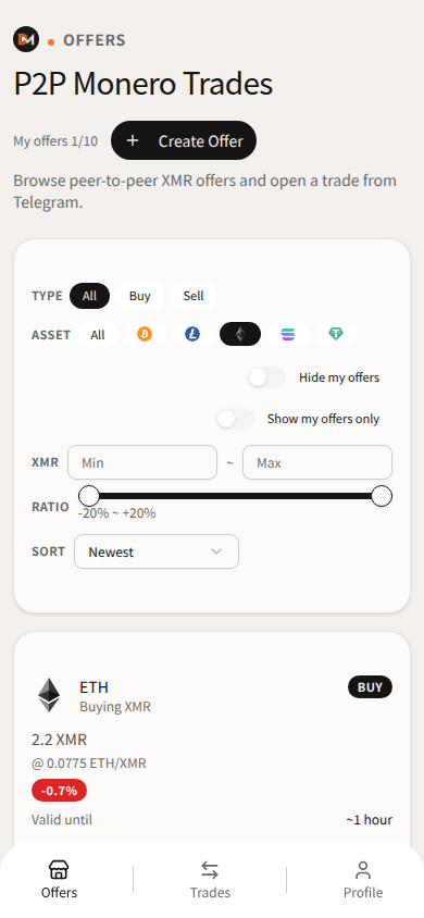 Domestic Monero Offers filtered to ETH BUY cards — peer rate and limits for sellers staking XMR.