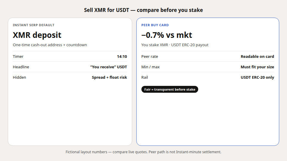 Unequal diagram: Instant XMR deposit cash-out tile versus peer BUY card where you stake XMR and receive USDT ERC-20.