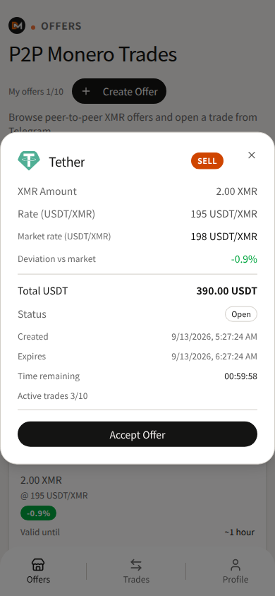 Domestic Monero Accept Offer detail for a USDT peer card — rate and limits before accept.