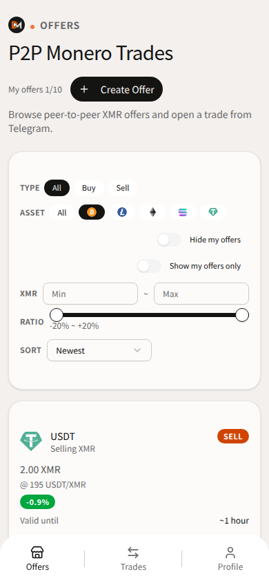 Domestic Monero Mini App Offers filtered to USDT — peer cards with rate, limits, and deviation.