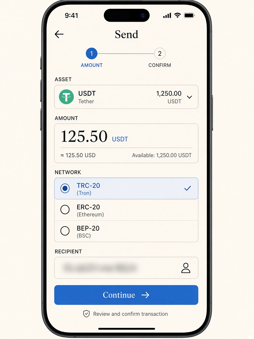 Fictional phone wallet screen showing USDT balance with network set to TRC-20, emphasizing network selection before any Telegram swap or peer offer.
