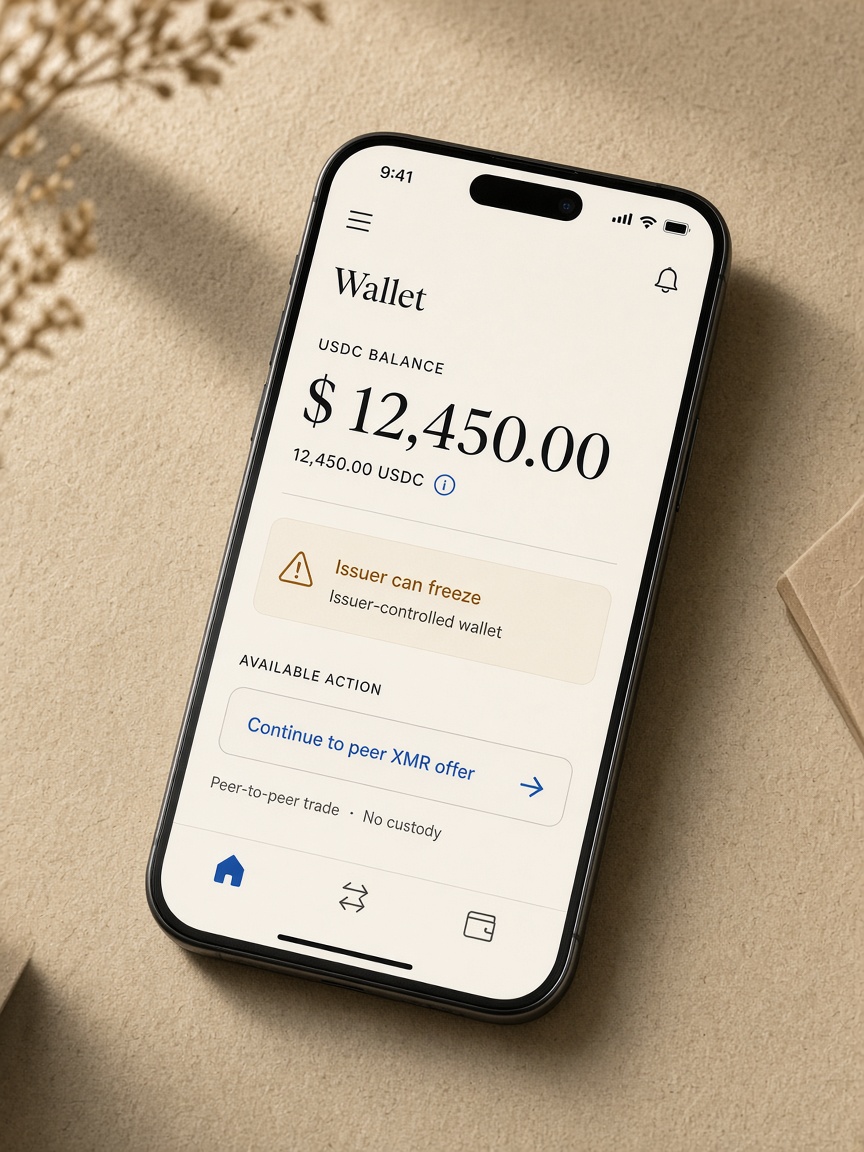 Fictional phone wallet showing a USDC balance with a discreet issuer-risk note and a next-step hint toward a peer Monero offer.