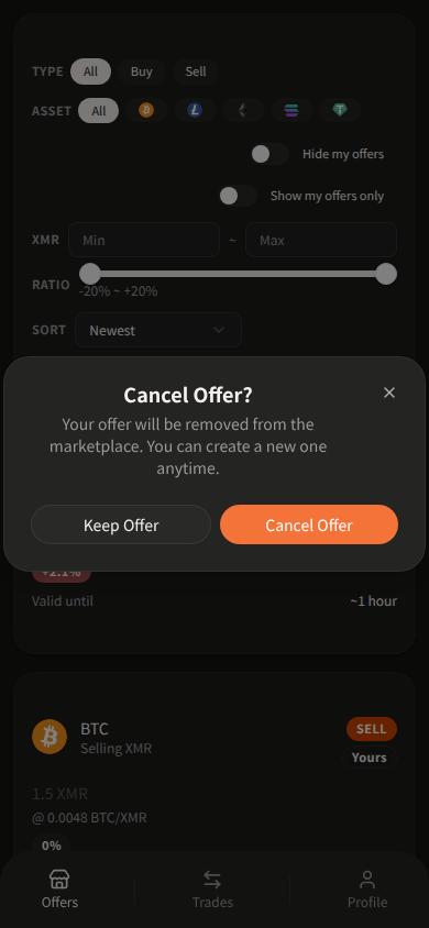 Telegram Mini App own offer in dark theme — Open SELL, Cancel Offer, This is your own offer.