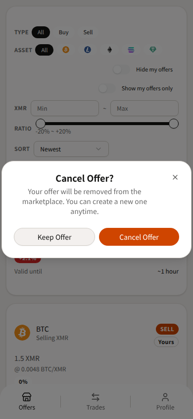 Telegram Mini App own offer in light theme — Open SELL, Cancel Offer, This is your own offer.