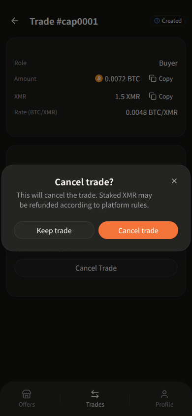 Telegram Mini App Cancel trade confirmation in dark theme — Keep trade and Cancel trade. QR and address largely covered by the dialog.