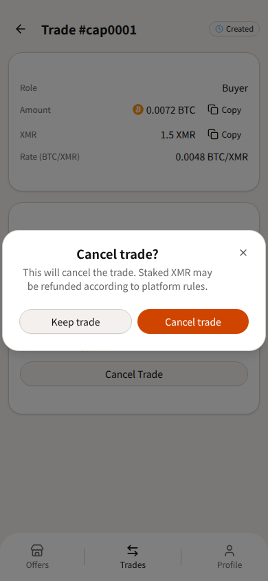 Telegram Mini App Cancel trade confirmation in light theme — Keep trade and Cancel trade. QR and address largely covered by the dialog.
