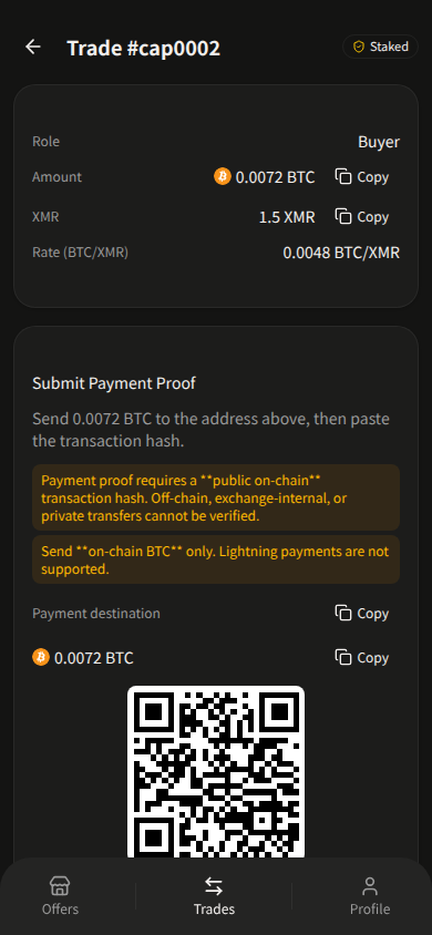 Telegram Mini App Submit Payment Proof in dark theme — Buyer, Staked; payment address and QR blurred.