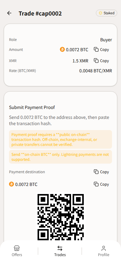 Telegram Mini App Submit Payment Proof in light theme — Buyer, Staked, on-chain warnings; payment address and QR blurred.
